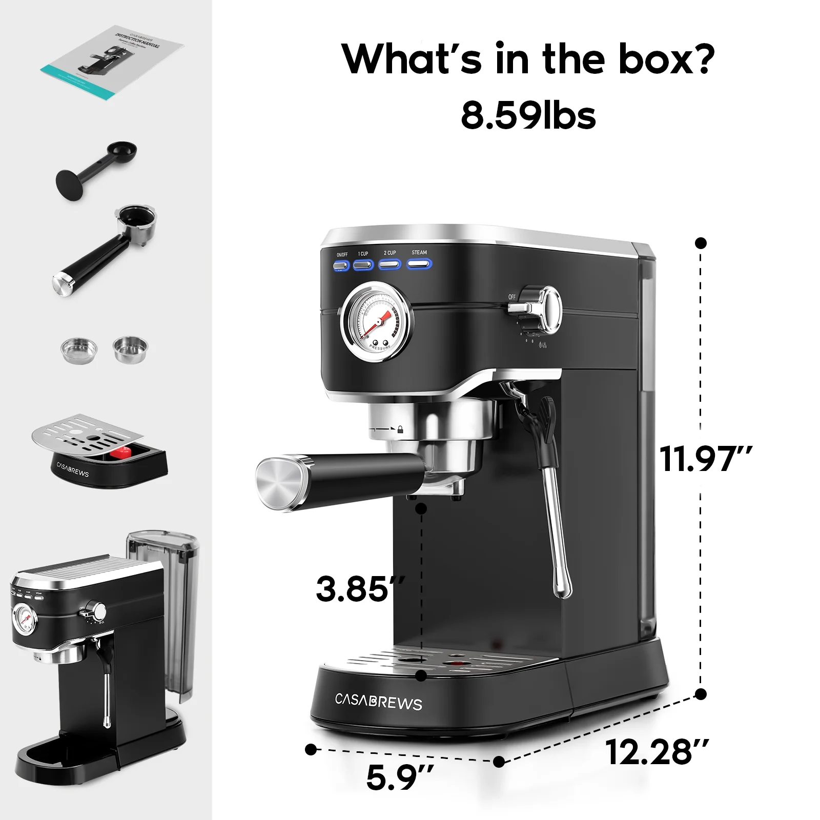 Casabrews 20 Bar Espresso Machine with Milk Frother Steam Wand, Professional Cappuccino Machine,  Stainless Steel, Black