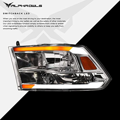 Alpha Owls 8710401 Crystal Headlights With Switchback Sequential LED Light Bar & Startup Light - Black Amber Fits 2009-2018 Dodge Ram 1500 2500 3500/2019-2023 Classic Halogen Models