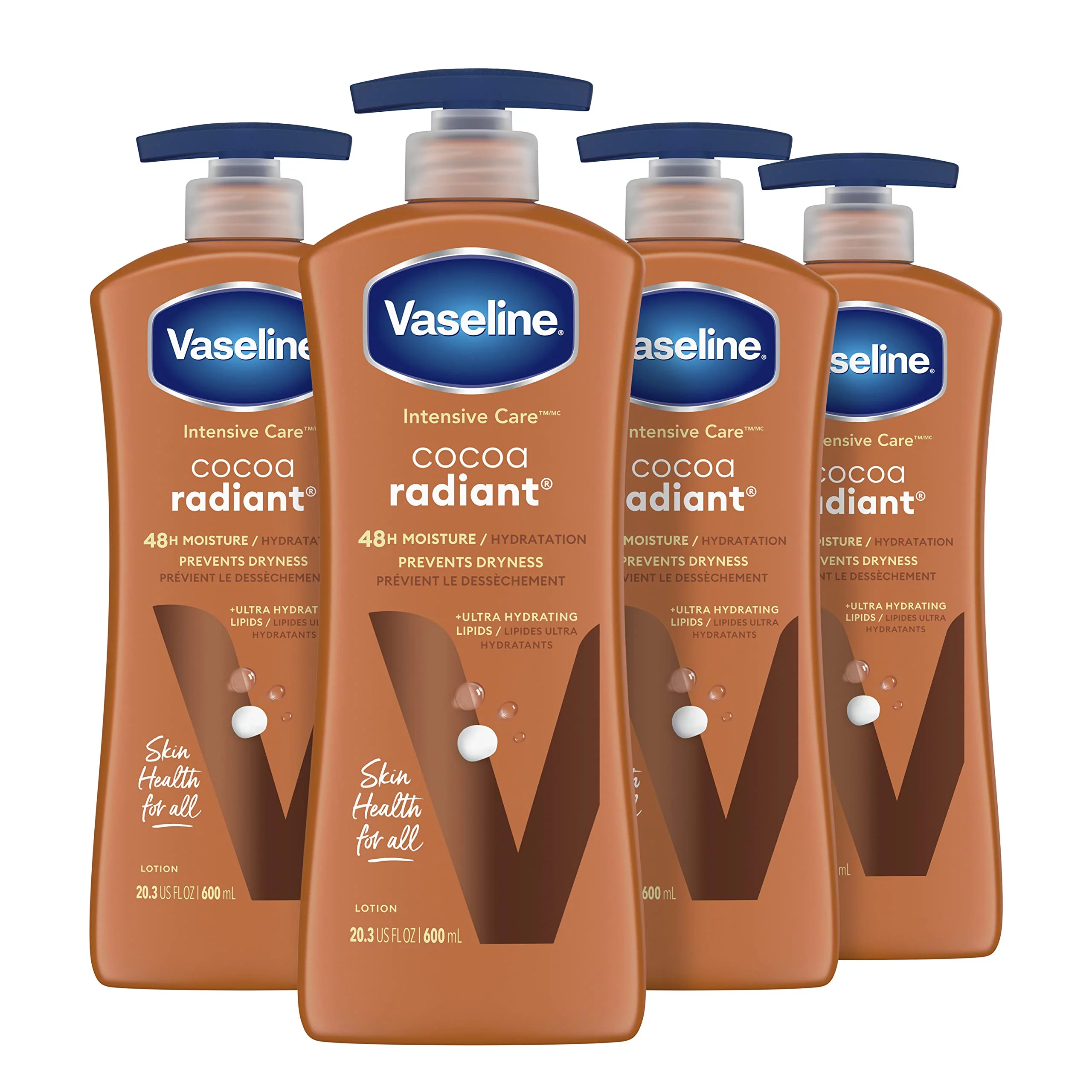 Vaseline Intensive Care Body Lotion Cocoa Radiant 4 Ct For Dry Skin With Ultra-Hydrating Lipids And Pure Cocoa Butter For A Long-Lasting, Radiant Glow 20.3 Oz.