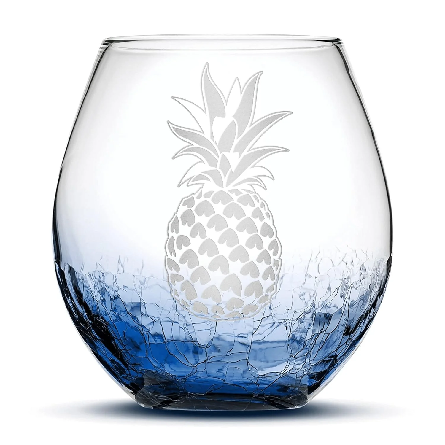 Tropical Pineapple Design Stemless Wine Glass, Handmade, Handblown, Hand Etched Gifts, Sand Carved, 18Oz (Crackle Blue)
