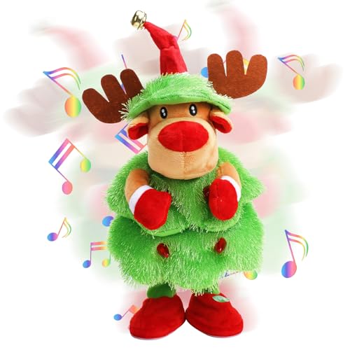 KKUYT LED Musical Christmas Tree Reindeer Stuffed Animal Repeat What You Say Singing Dancing Elk Plush Toy Lights Up Mimicking Twisting Interactive Animated Elk Doll Toy Christmas Decoration Gift(Elk)