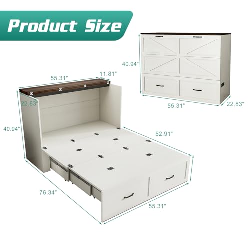 Full Size Murphy Chest Bed with Drawer and Charging Station, Farmhouse Wood Space-Saving Hidden Folding Bed Chest, Multifunctional Storage Cabinet for Bedroom, Office, Black