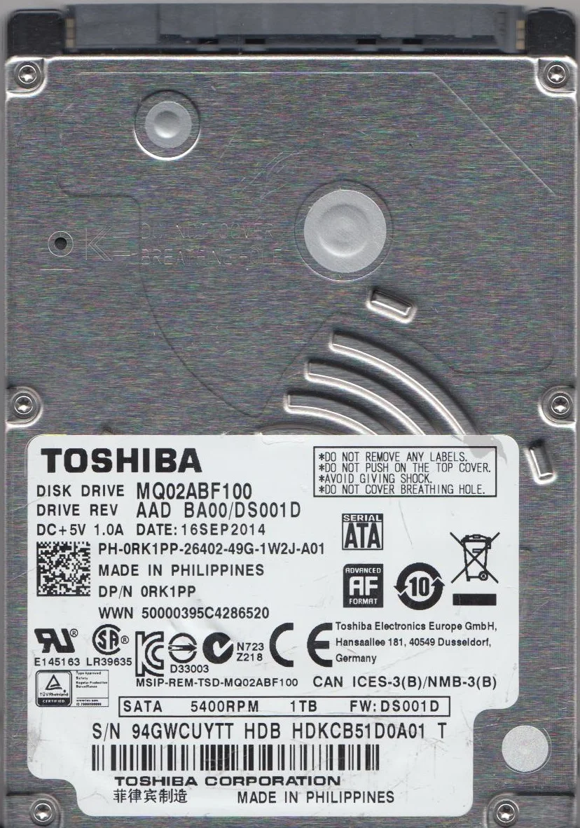 MQ02ABF100, BA00/DS001D, HDKCB51D0A01 T, Toshiba 1TB SATA 2.5 Hard Drive
