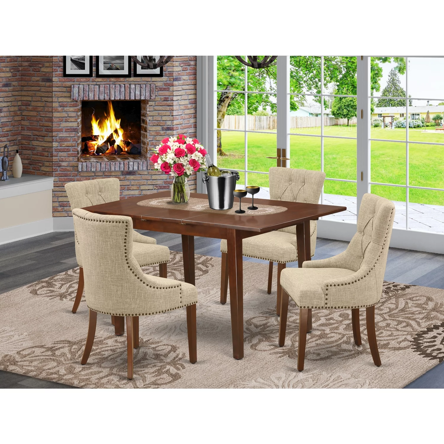 NOFR5-MAH-05 5Pc Dining Set Includes a Rectangle Dinette Table with Butterfly Leaf and Four Parson Chairs with Doeskin Fabric, Mahogany Finish