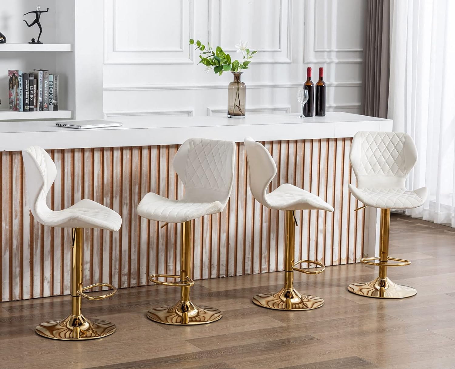 Lei Yu Adjustable Bar Stools Set of 4 Modern Velvet Swivel Bar Stools with Gold Stable Metal Frame Padded Island Chairs with Back and Footrest for Kitchen Island/Living Room/Pub/Coffee/Shop, Cream