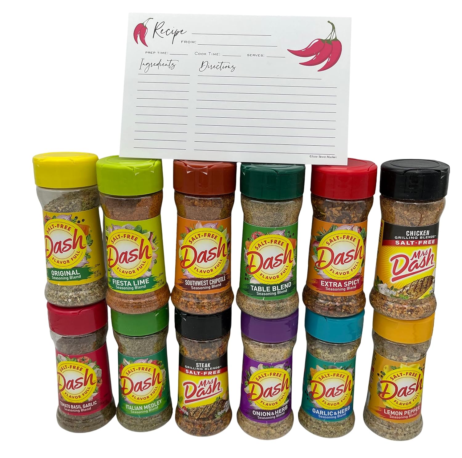 Mrs. Dash Salt Free Seasoning Blends Variety Bundle Pack - 12 Flavor Variety With June Street Market Blank Recipe Card
