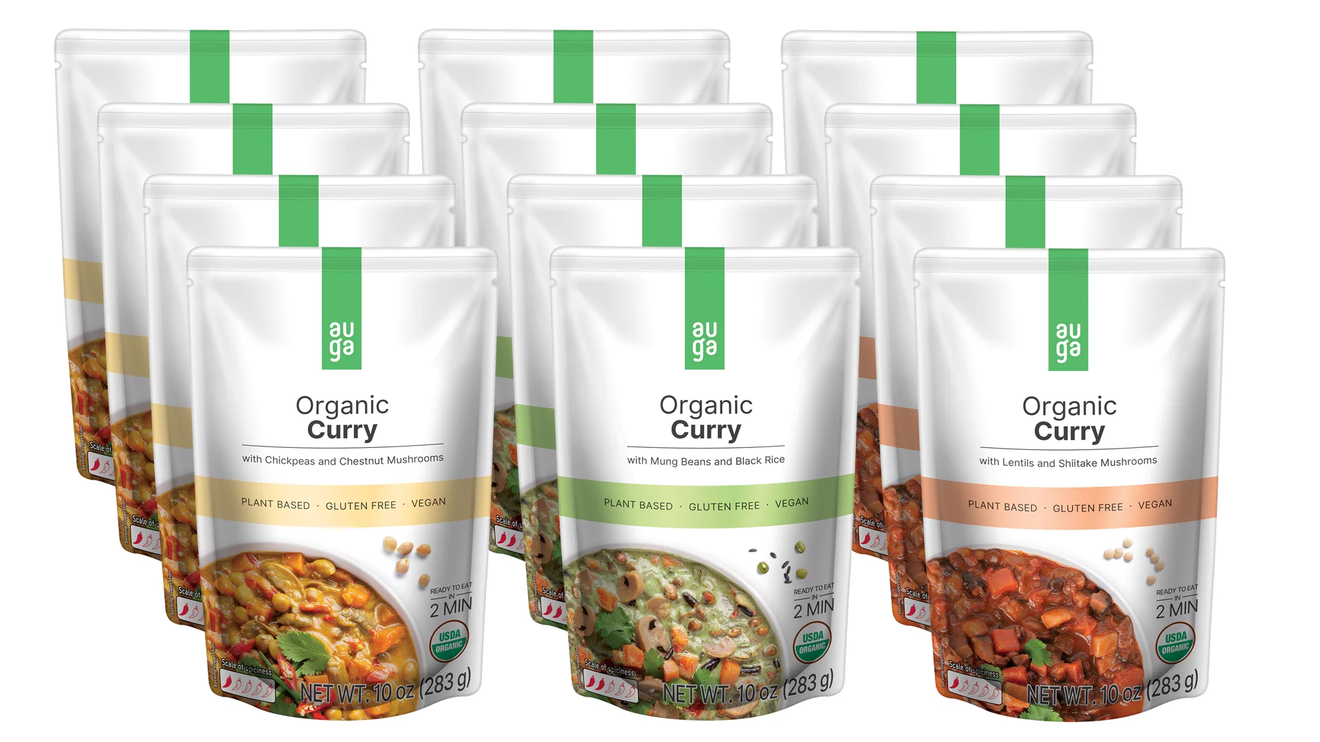 AUGA Organic Curry Meal Variety Bundle, 10oz (12-pack) (Green, Red, Yellow) Vegan Plant Based Vegetarian