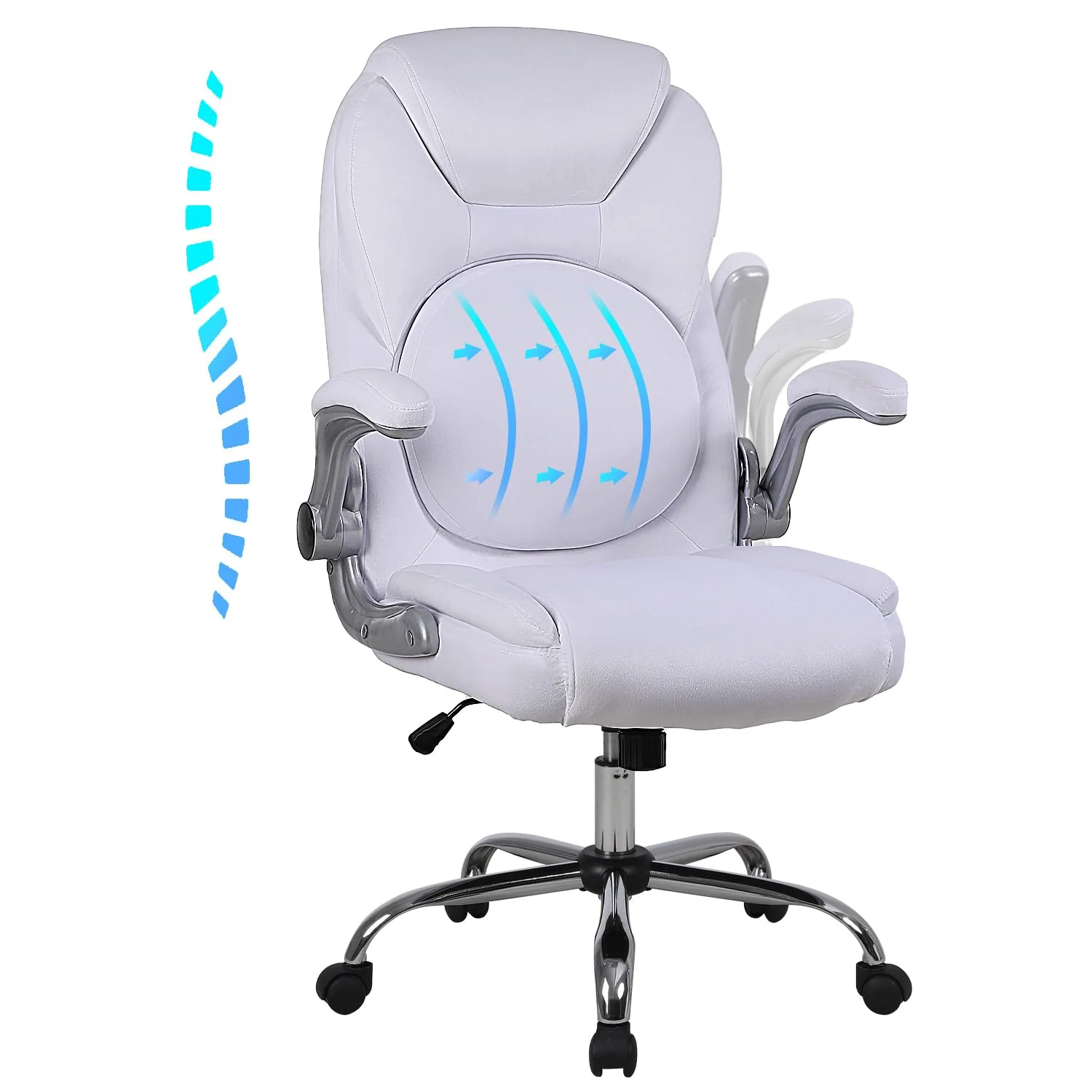 JONPONY Velvet Lumbar Support Executive Office Chair, 90°-120° Rocking Ergonomic Home Office Desk Chair with Wheels and Flip-up Armrs, Back Support Work Task Chairs for Women,White