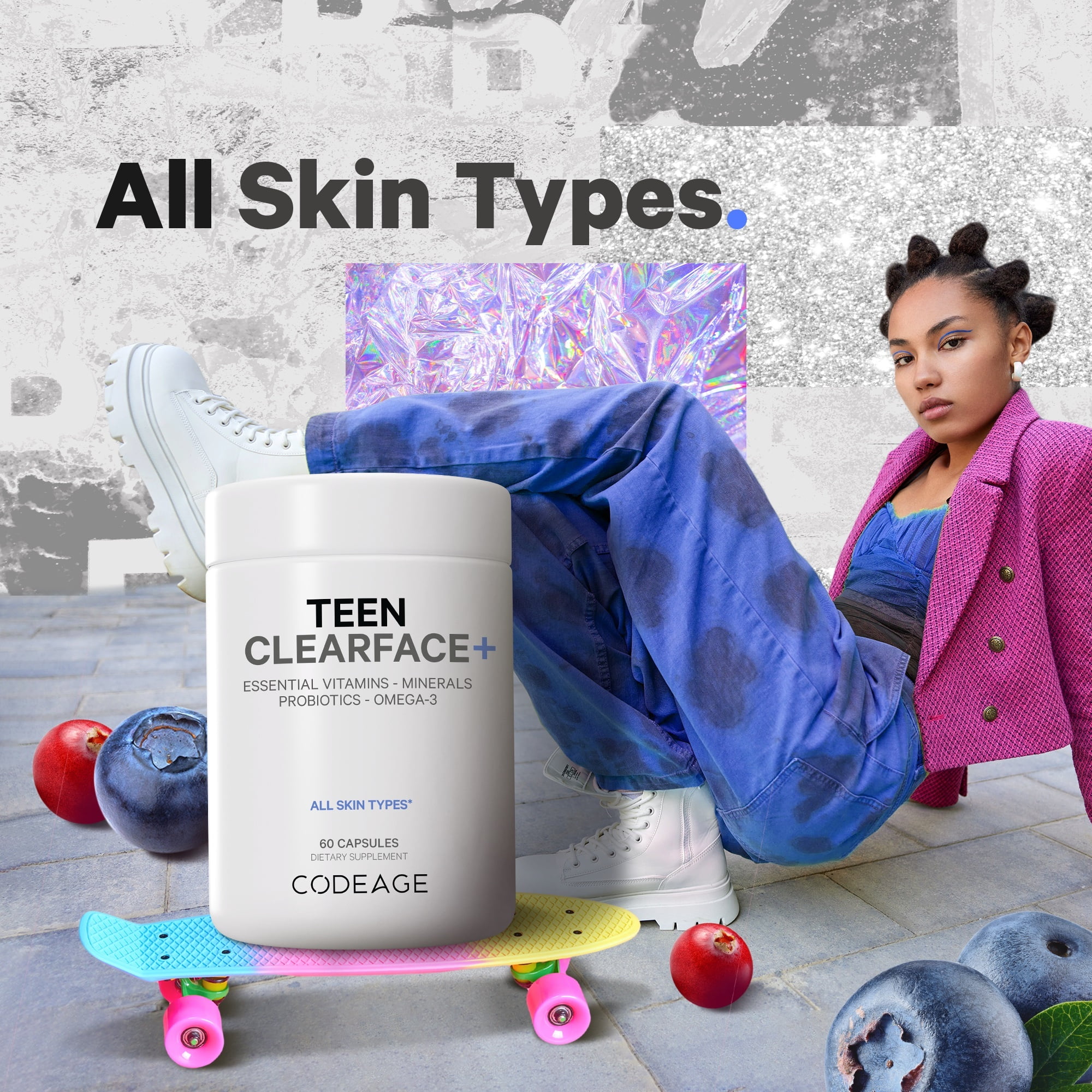 Codeage Teen Clearface, Vitamins A, C, D3, E, Pantothenic Acid, Niacin, Zinc, Probiotics, Omega-3, 60 ct