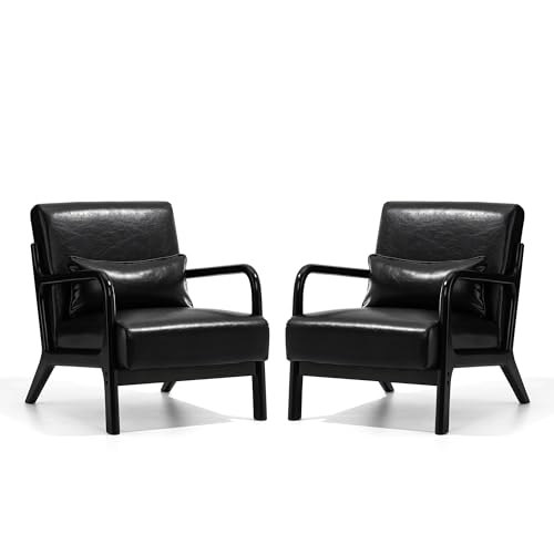 Glitzhome 2 Set Mid Century Black Accent Armchair, Single Reading Armchair PU Leather Lounge Chair with Walnut Ruberwood Frame