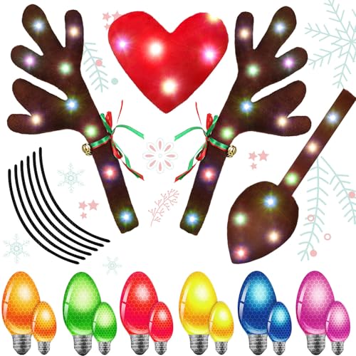 Frienda 5 Pcs Car Reindeer Antlers & Nose Christmas Car Decor Kit Includes Reindeer Antlers Nose Brown Tail Antlers Xmas Garage Magnetic Decals Reflective Bulb Car Accessories for Vehicle Decoration