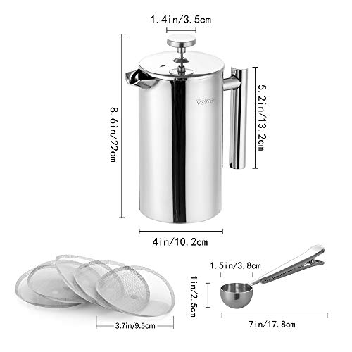 Velaze French Press Coffee Maker 34oz, Double Wall Insulated French Coffee Press Stainless Steel, 1L Coffee Maker Included 4 Extra Fliters and 1 Coffee Spoon, Silver