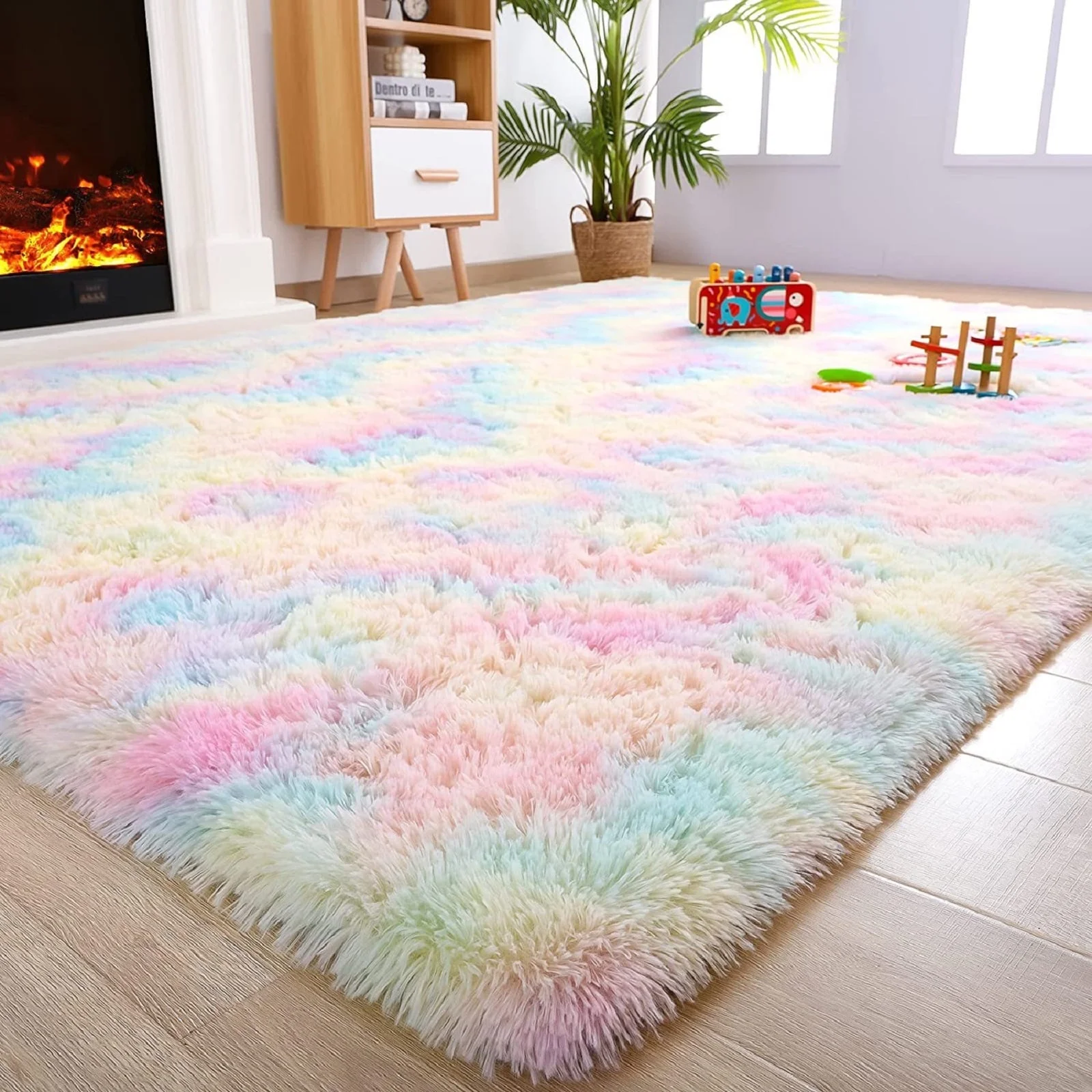 OldPAPA Fluffy Rugs for Living Room, Washable Rugs, 4x6 Area Shag Rugs for Bedroom, Nursery Girls Boys Room, Kids Room Decor,Upgrade Anti-Skid Small Carpet for Home Decor Aesthetic, Rainbow Color