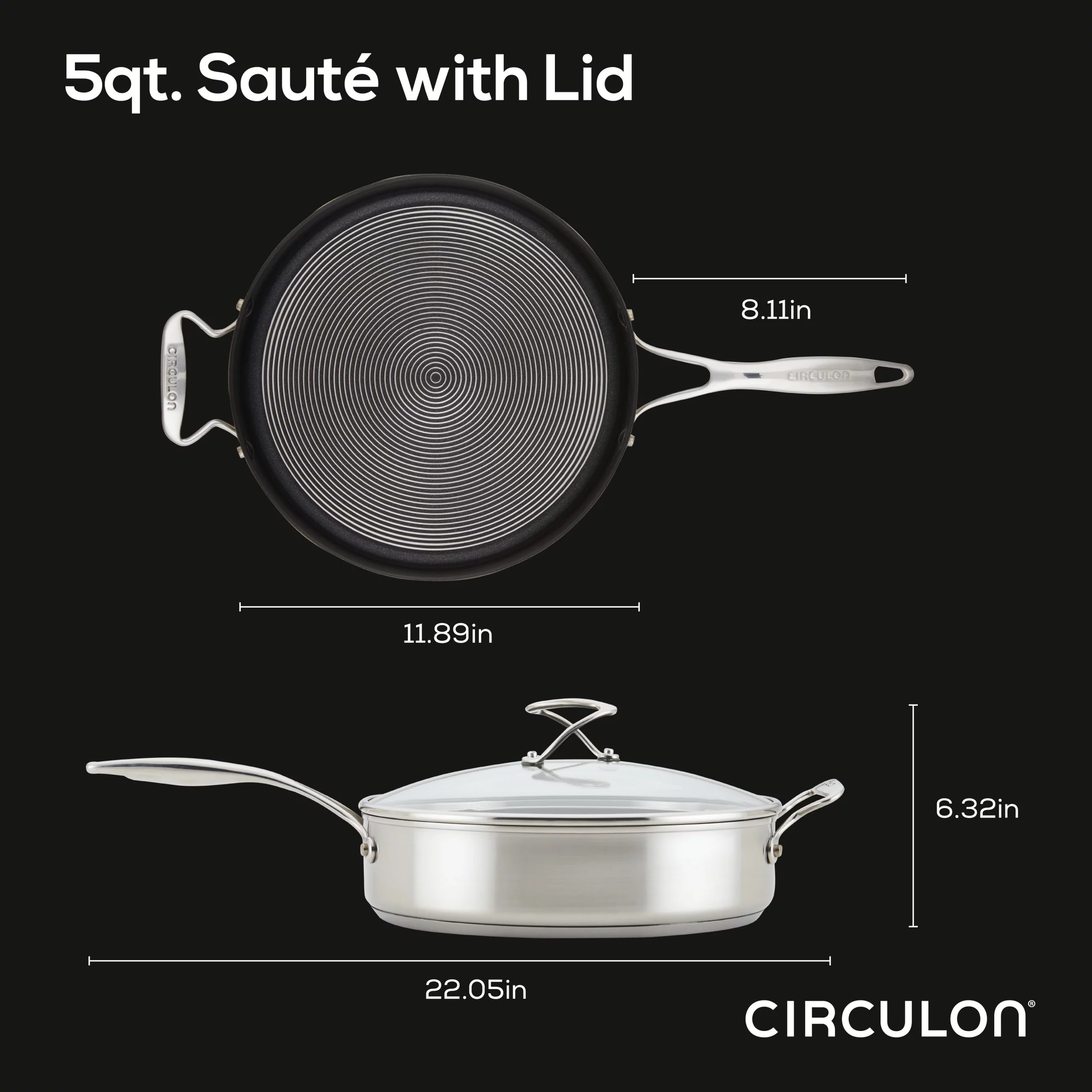 Circulon SteelShield Hybrid 5 Qt Stainless Steel Nonstick Induction Sauté Pan, Silver