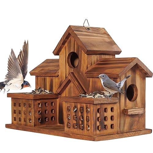 MIXUMON Bird Houses for Outside with Bird Feeder, Outdoor 3 Hole Bird House Room for 3 Bird Families Bluebird Finch Cardinals Hanging Birdhouse for Garden