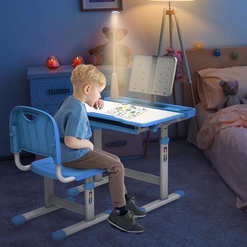 BELANITAS Kids Desk and Chair Set 5-8 Year Old, Desk for Kids Room 8-12, Height-Adjustable Children Desk with 40-Degree Tilted Desktop, Kids Study Desk and Chair Set for School, Green