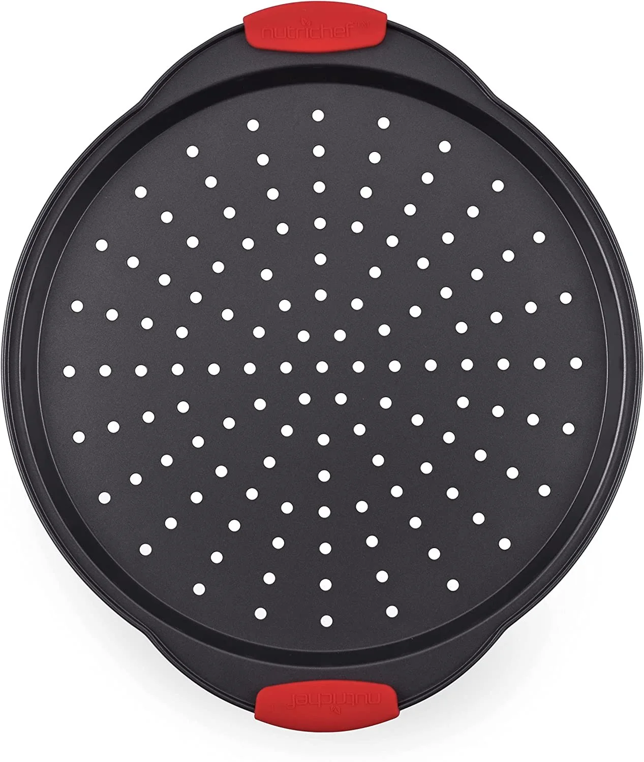 Non-Stick Pizza Tray - with Silicone Handle, Round Steel Non-stick Pan with Perforated Holes, Premium Bakeware, Pizza Tray with Silicone and Oversized Handle, Dishwasher Safe - NutriChef NCBPIZ1