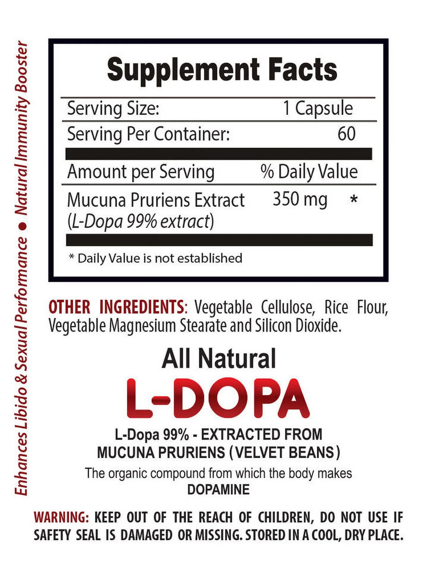 Dopaboost - L-DOPA Mucuna Extract 99% 350mg serotonin brain food 600 Capsules