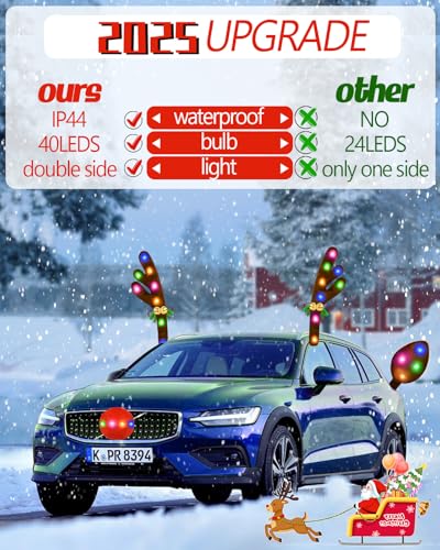 Christmas Reindeer Antlers Car Decoration Kit, IP44 Waterproof LED Lights Nose Vehicle with Jingle Bells Rudolph, Auto Holiday Accessories for SUV Van Truck Decor Multicolor