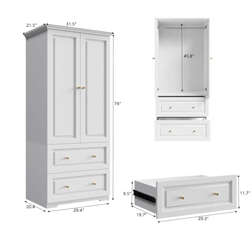 78.74” 6-Door Large Armoire Wardrobe Closet, Bedroom Armoire with 3 Drawers & 2 Hanging Rod, Wooden Armoires and Wardrobe,White (70.9”W x 23.63”D x78.74”H)