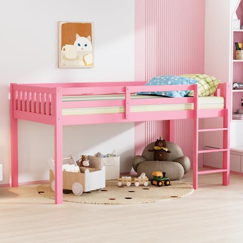 JOYMOR Twin Loft Bed Low Loft Bed Frame for Little Kids Small Room/Low Ceiling Bedrrom with Guardrail and Ladder, White