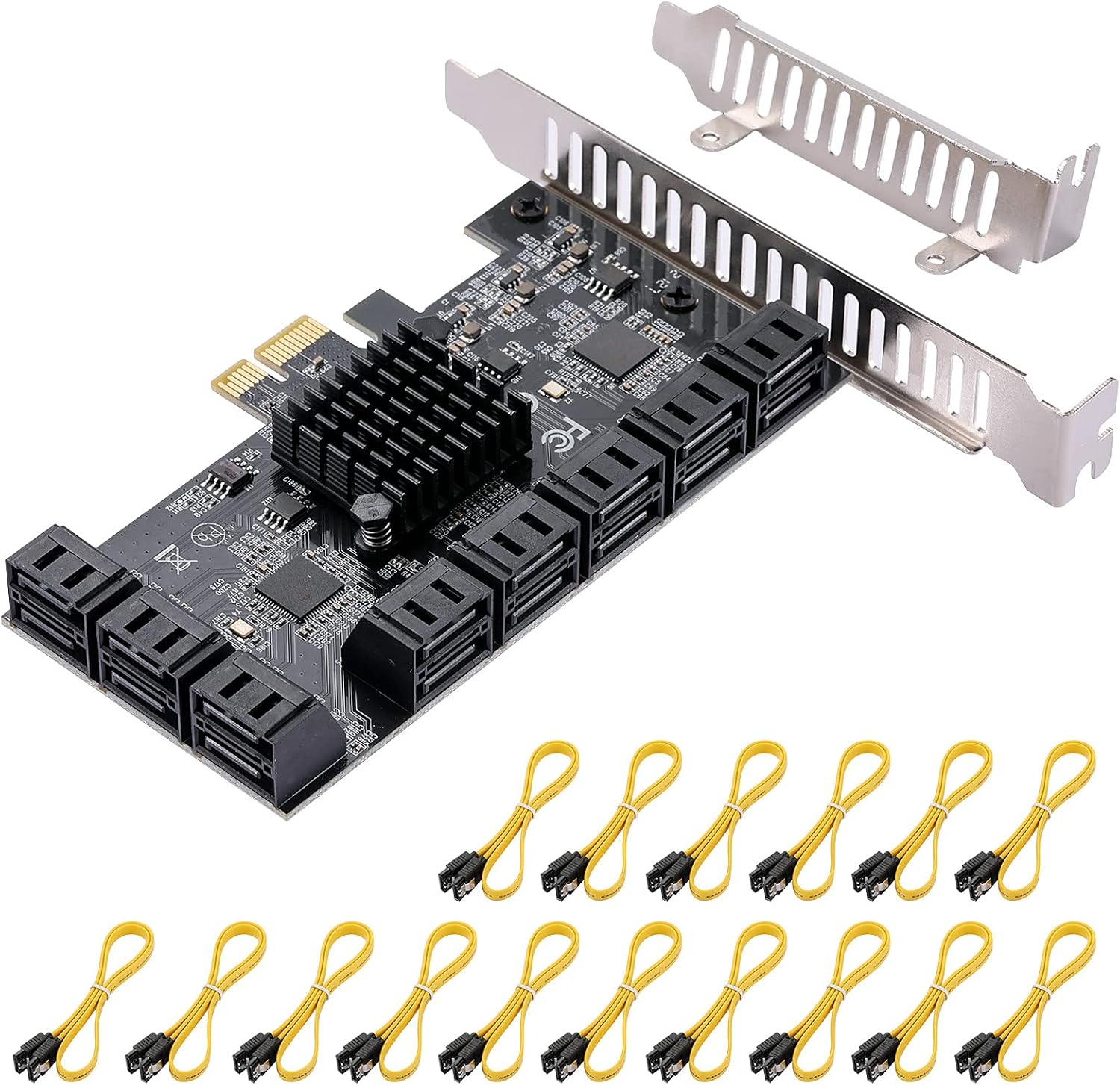 JKTINK PCI Express to 16 ports1X Card, 6 Gbps SATA 3.0 Controller, PCIe Expansion Card, Non-Raid, Supports HDDS, with Low Profile Bracket and 16 Cables, JMB575 ASM1064 Chips