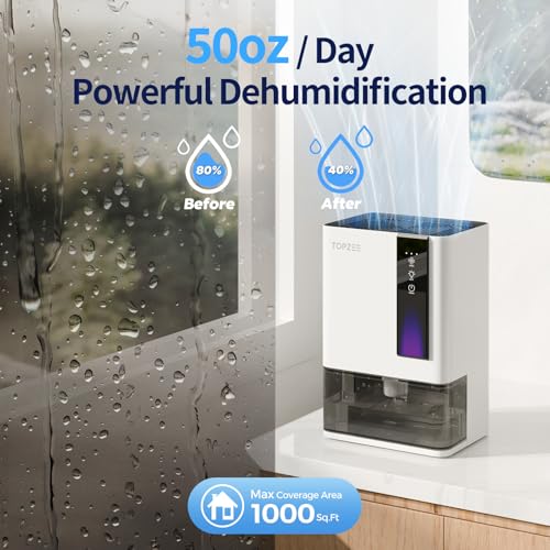 Dehumidifiers for Home, 50OZ Dual-Semiconductor, Small Dehumidifier for Bedroom Bathroom RV Closet with Auto-off Auto Defrost, Quiet Portable Dehumidifier Sleep Mode 7 Colors LED Light, White