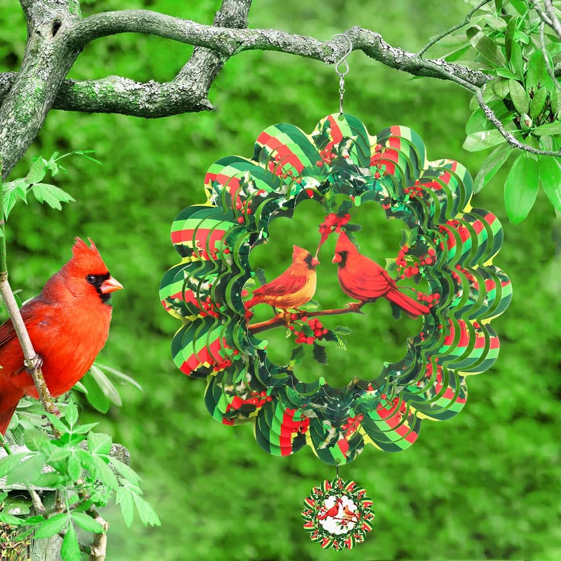 Cardinal Wind Spinner, 3D Wind Spinners Outdoor Metal Clearance, 12 Inches Green Garden Bird Spinner Hanging Yard Art, Large Colorful Spinning Wind Catcher, Wind Sculpture Spinifity Ornaments Gifts