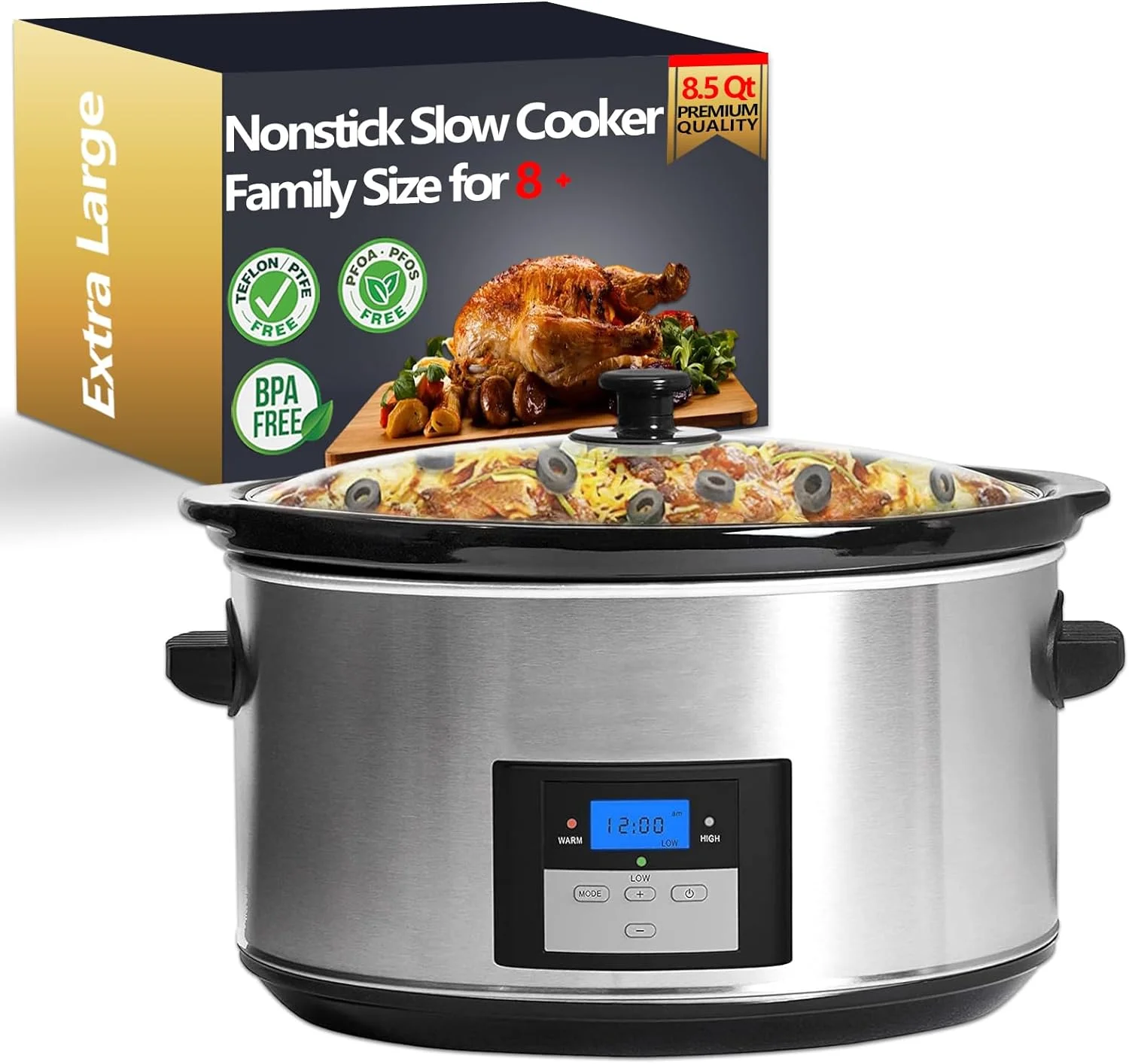 8.5-Quart Digital Programmable Slow Cooker - Adjustable Temp, Entrees, Stews & Dips