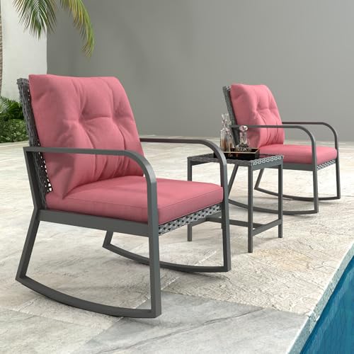 3 Piece Rocking Bistro Patio Set, Outdoor Rocking Chair, Outdoor Bistro Sets Wicker Patio Furniture Rocking Chairs Sectional Couch with Tempered Glass Top Coffee Table & Cushions, Dark Blue