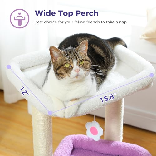 PEQULTI Cat Tree Tower for Indoor Cats with Private Cozy Cat Condo, Natural Sisal Scratching Posts and Plush Pom-pom for Small Cats