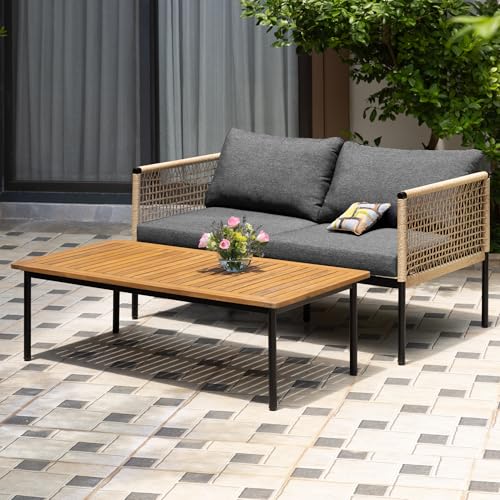 IDZO Heavy Duty 500lbs Weight Capacity Wicker Bistro Table and Chairs Set of 2 with Olefin Fabric Soft Cushions