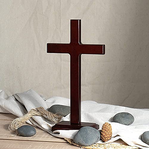 KUXBET Wooden Wall Cross with Stand for Hanging or Standing 12.5 Inch Jesus Christ Catholic Wood Crafted Cross for Wall Decoration Table Home Decor