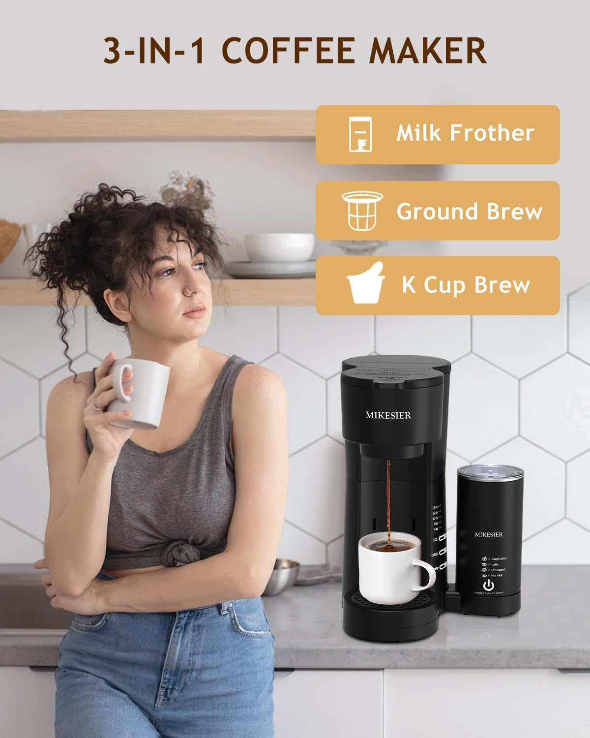 3IN1 Single Serve Coffee Maker for K Cup & Ground, Small Coffee Machine with Milk Frother, 6 to 14oz Brew Size, 28oz Removable Water Tank, Adjustable Drip Tray, for Americano, Latte, Cappuccino