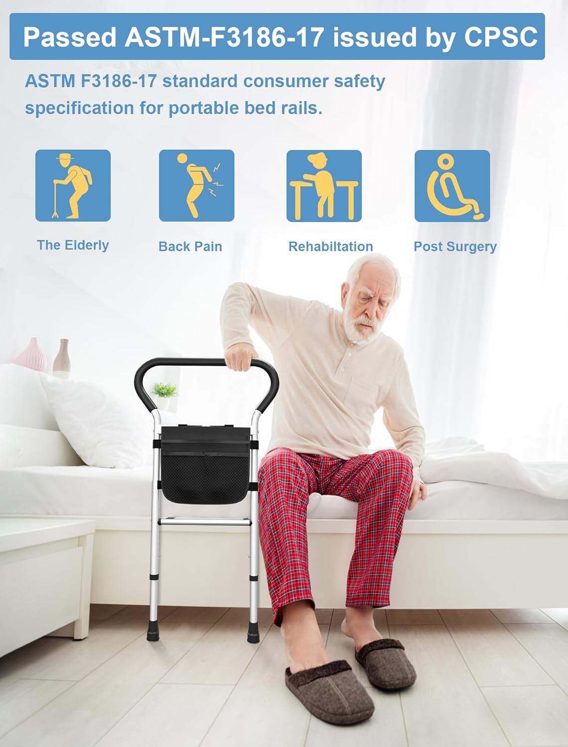 Bed Rails for Elderly Adults Safety, Bed Assist Bar with Motion Light & Storage Pouch, Adjustable Support Feet Bed Handles for Seniors, Anti-Fall Bedside Rail, Bed Grab Bar Bed Handrail Fits All Beds