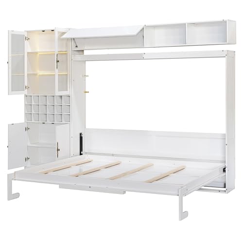 P PURLOVE Queen Murphy Bed with Sofa and Shelves, Wooden Wall Bed with USB and Light, No Box Spring Needed (White)
