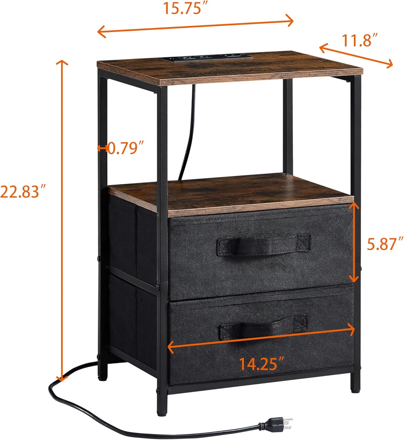 End Table with Charging Station, Nightstand with USB Port, Outlet and Fabric Bag, 2 Drawers & Open Storage Shelf Side Table, Sofa Cabinet for Living Room, Bedroom, Office