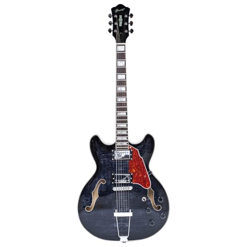 GROTE Jazz Electric Guitar Semi-Hollow Body Trapeze Tailpiece Bridge Guitar Gig Bag (Black)