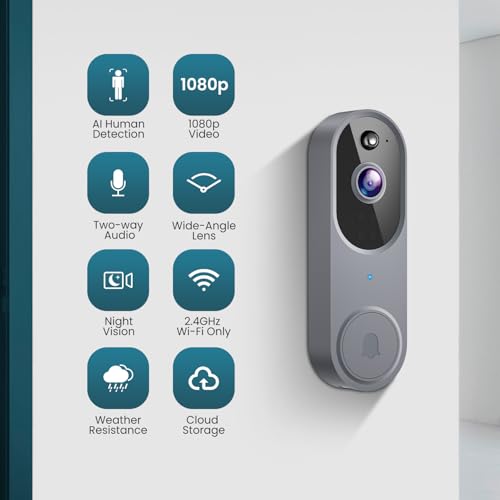 Wireless Wi-Fi Video Doorbell Camera with Two Way Audio, AI Motion Detection, Night Vision and Cloud Storage, 2.4G Wi-Fi only