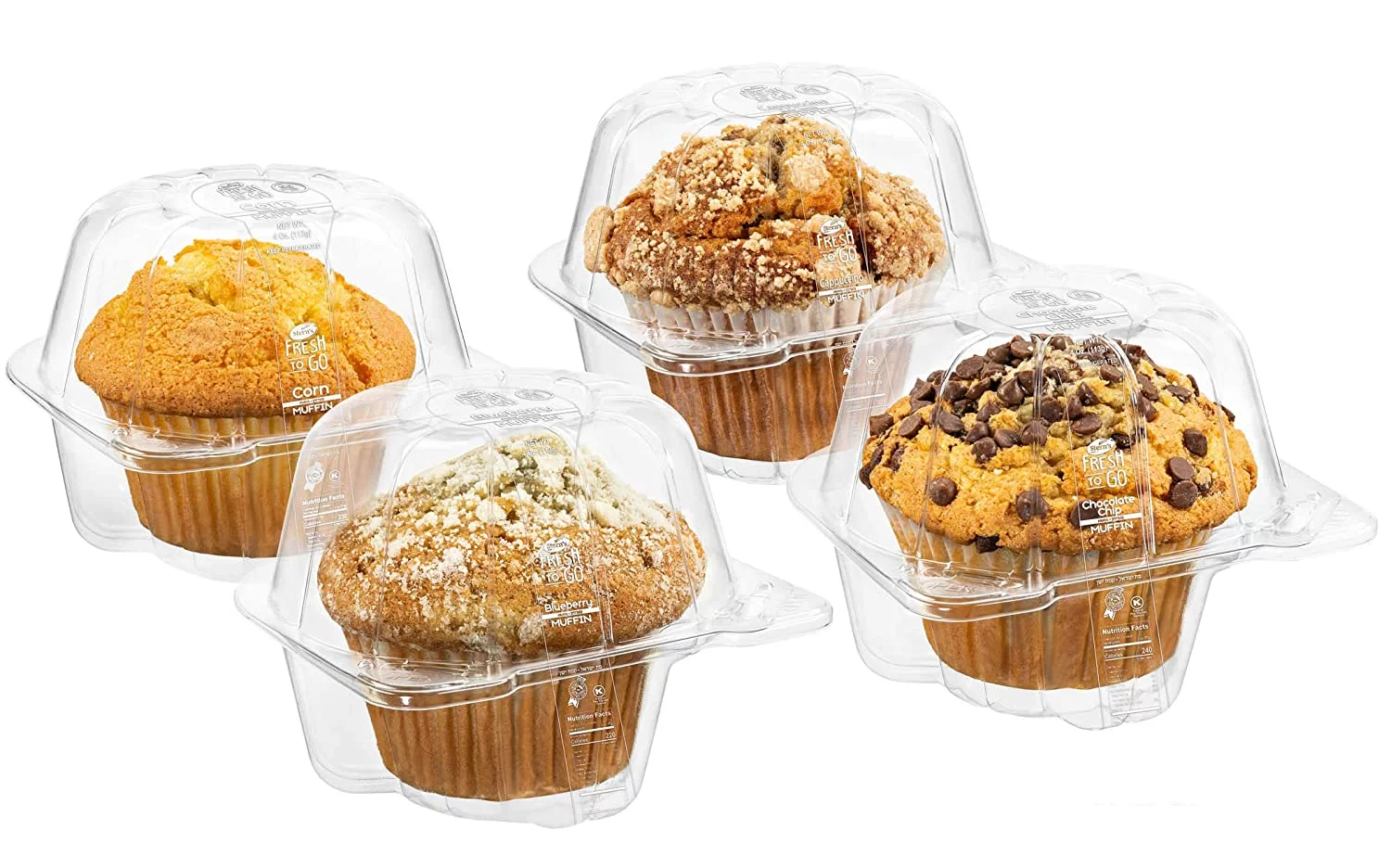 Fresh Bakery Muffins | 4 Individually Wrapped Muffins Included | Flavors Are Corn, Blueberry, Cappuccino & Chocolate Chip | Delicious Coffee Cake | 4 oz Per Muffin | Stern’s Bakery (Variety Pack)