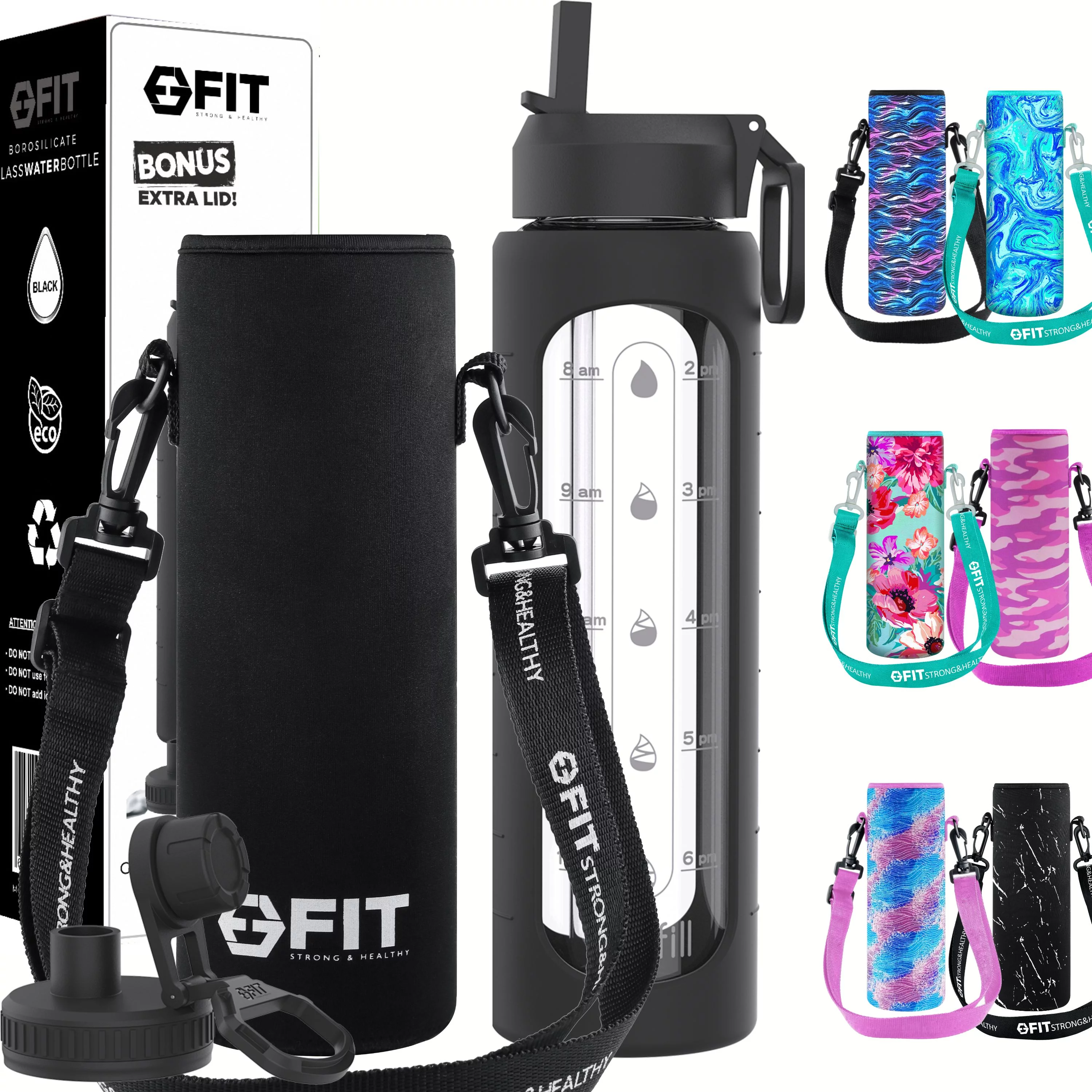 32 oz Glass Water Bottle with Time Marker Reminder + Carrier - Reusable, Wide Mouth, Leakproof, Glass Drinking Bottle, BPA Free, Motivational Water Bottles for Hydration (Black Sleeve + Carrier)