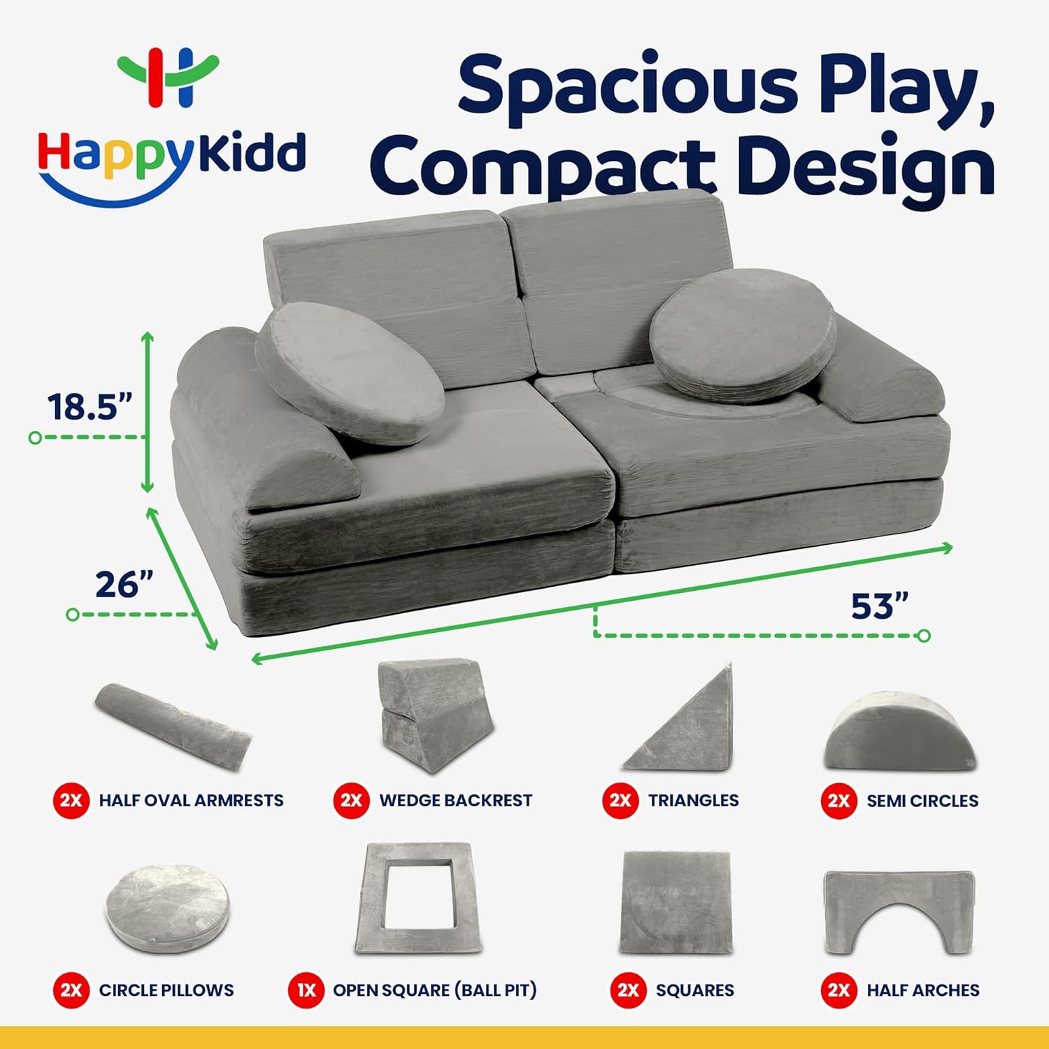 Modular Kids Play Couch - 15 Pieces Buildable Plush Play Couch Panels with Ball Pit Square, Backrests - Kids Sofa Couch Furniture for Ages 5-12, Kids Couch for Playroom, Bedroom, Classroom