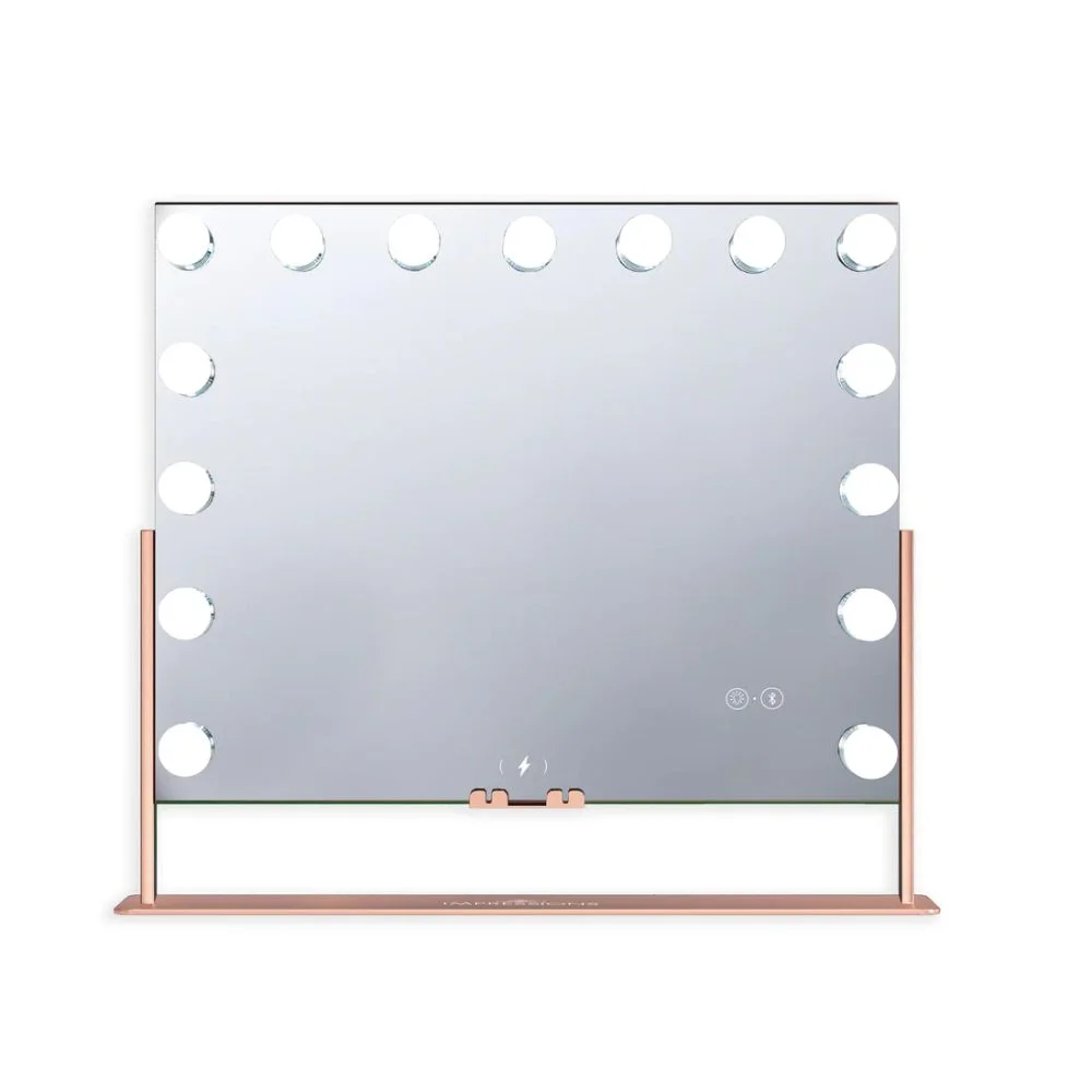 Impressions Vanity Gilded Tri Tone LED Makeup Mirror for Desk, 15 Dimmable Lighted Vanity Mirror with Stand, Three Color Modes, Phone Powering Dock, Speakers, and Touch Screen Control (Rose Gold)