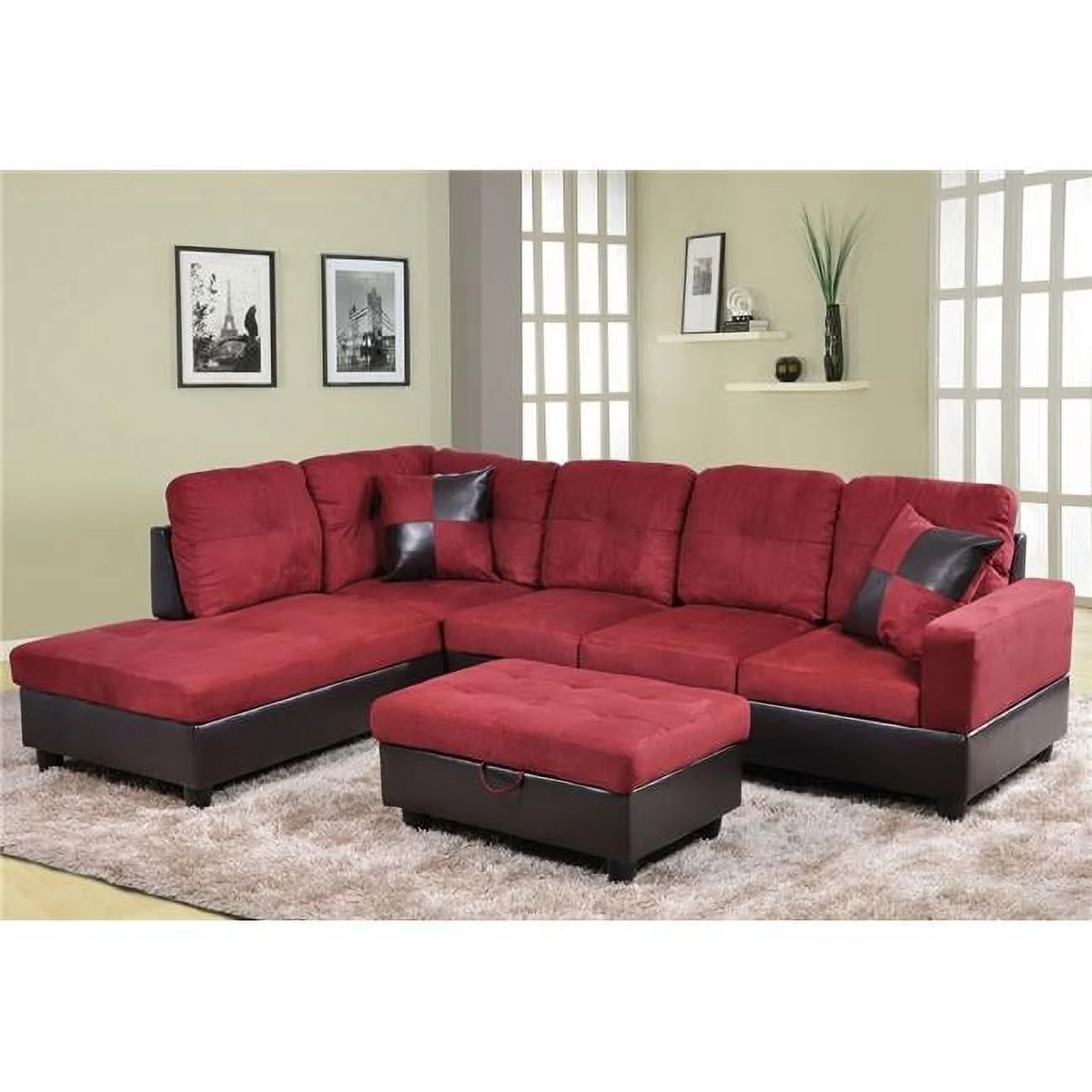 Andes Microfiber with Faux Leather Left Facing Sofa Set, Red - 3 Piece