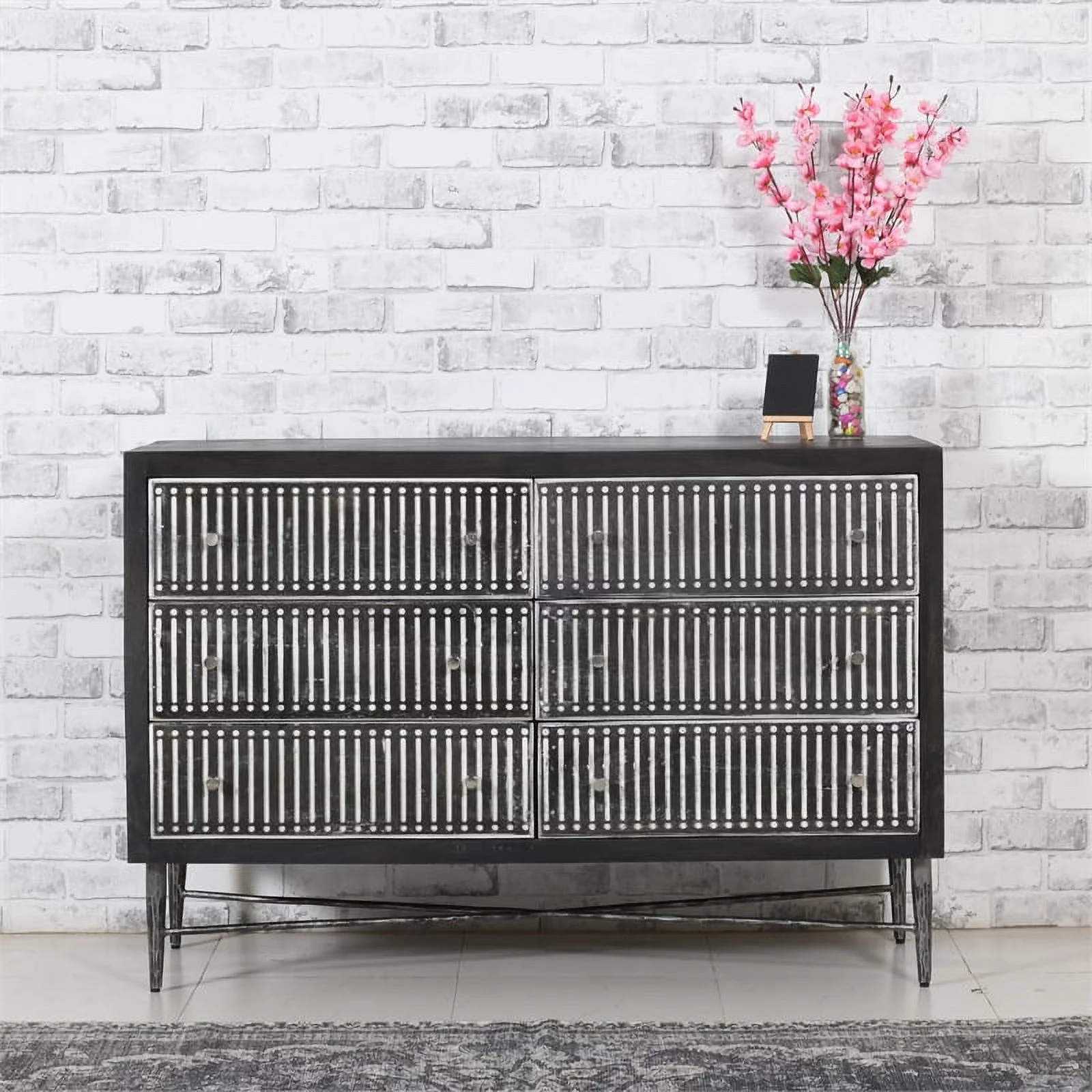 Sarah 6 Drawer Chest in Mango Solid Wood Antique Brown Finish on Forged Iron