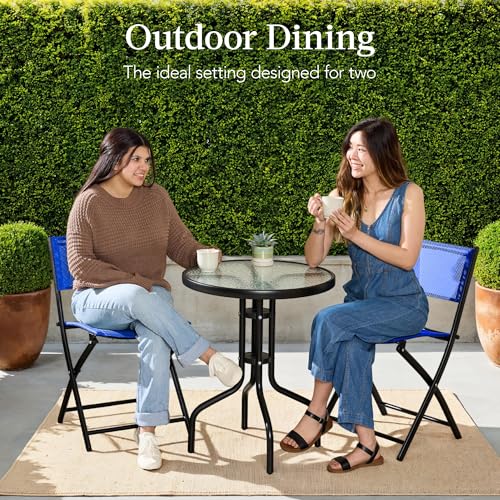 Best Choice Products 3-Piece Patio Bistro Dining Furniture Set w/Glass Tabletop, 2 Folding Chairs, Steel Frame, Polyester Fabric - Gray