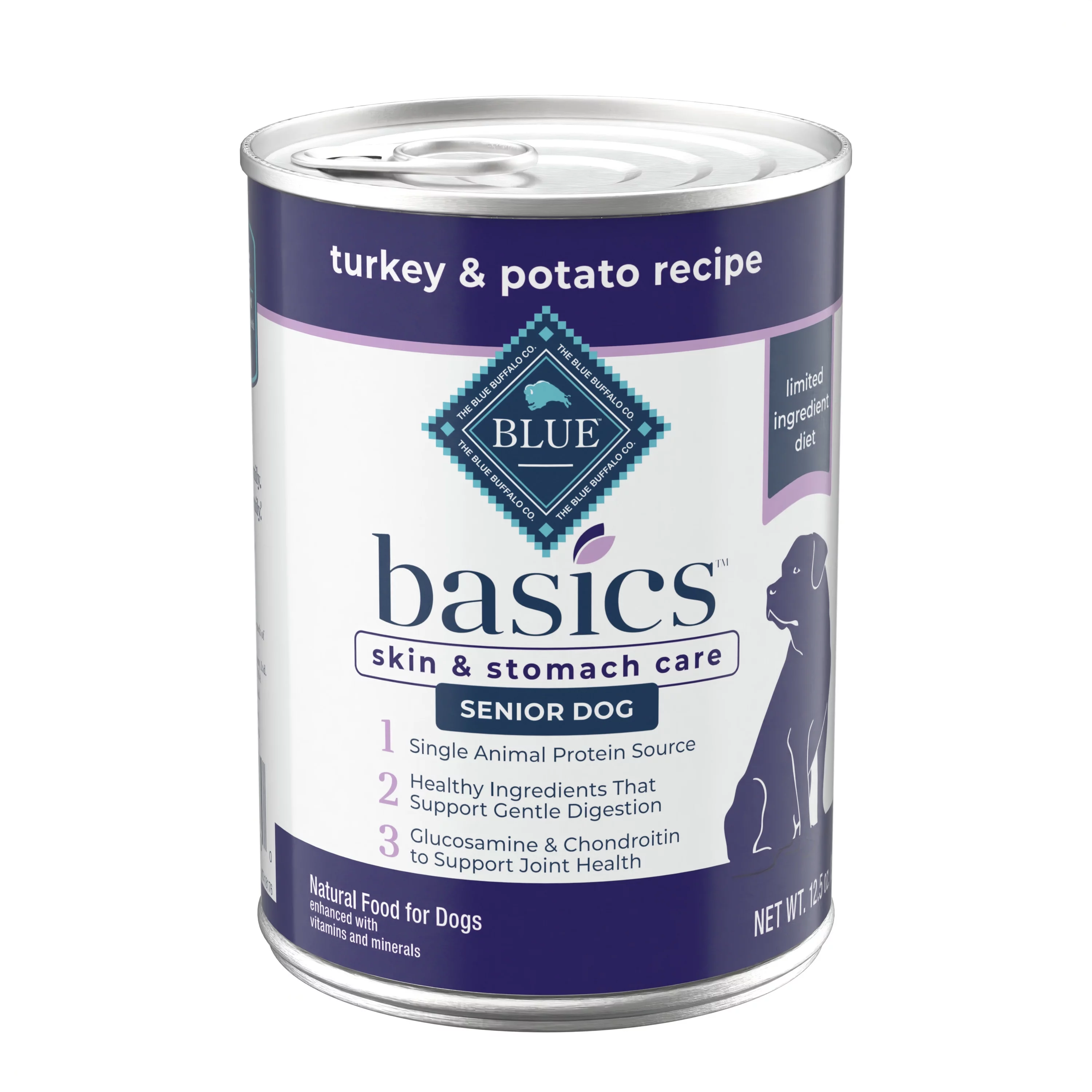Blue Buffalo Basics Skin & Stomach Care Turkey Pate Wet Dog Food for Senior Dogs, Grain-Free, 12.5 oz. Can