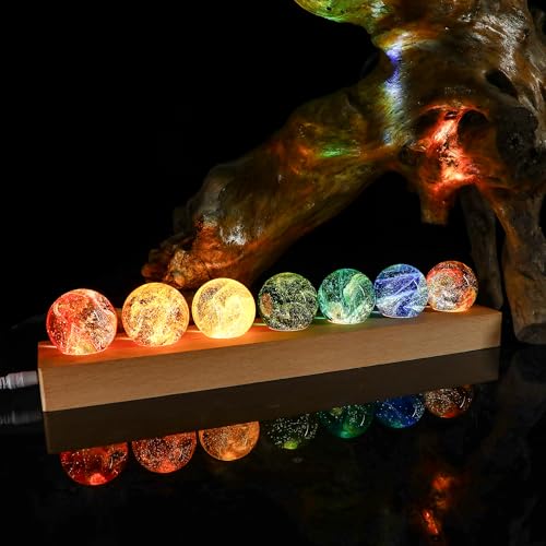 YU FENG 7 Colors 40mm/1.6in Glass Ball Night Light for Meditation with LED Wooden Base 7 Chakra Natural Healing Spheres Decorative Balls