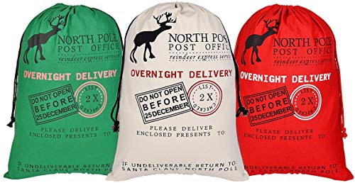 3 Pcs Large Santa Sacks Christmas Canvas Bag with Drawstrings, Extra Large Reusable Santa Sack for Gifts, Christmas Halloween Thanksgiving New Year Party Supplies - Size 27.5 x19.5 Inch