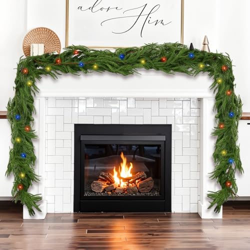 9FT Pine Garland with Lights, Norfolk Soft Artificial Greenery Garland for Mantle Fireplace Wall Home Holiday Table Centerpiece Staircase Indoor Outdoor Decor on Christmas Holiday Party